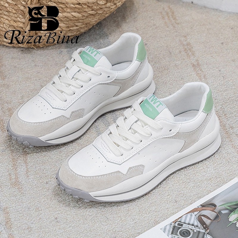 RIZABINA-Women's Genuine Leather Sneakers Round Toe Cross Straps Mixed Color Casual Fashion Spring Sneakers Size 35-43