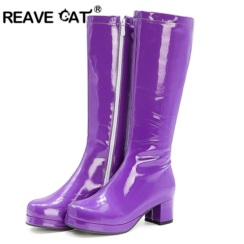 REAVE CAT Autumn Sweet Knee-Length Boots Round Heel Square Toe Zipper Plus Size 33-46 Yellow Green Purple Orange