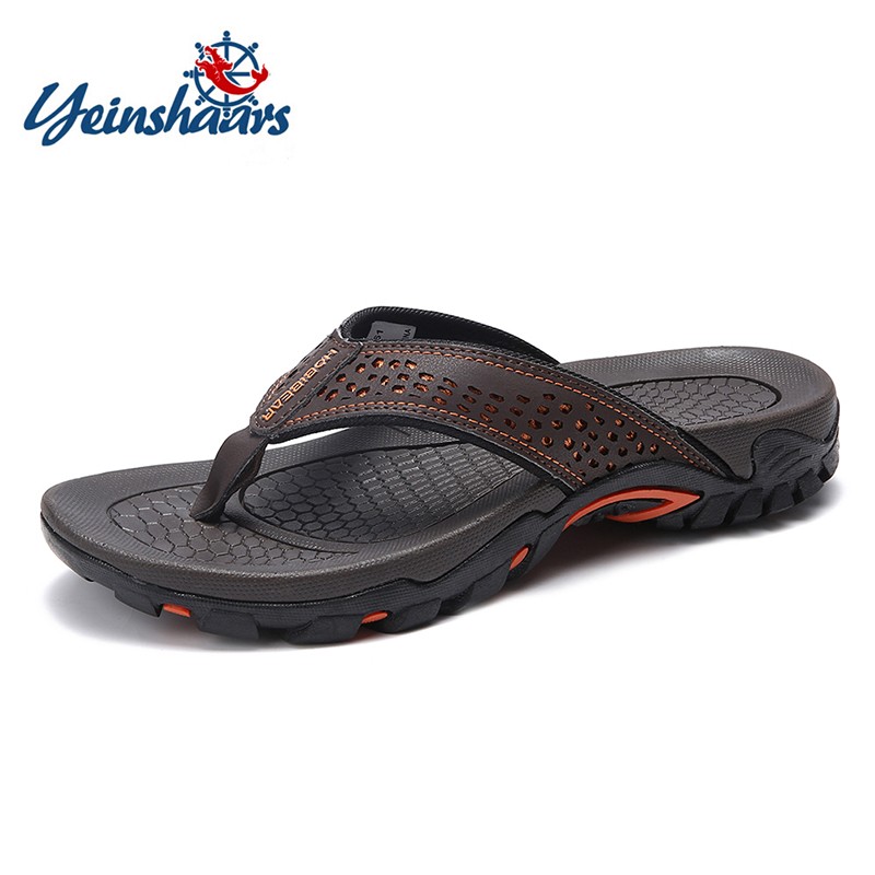 YEINSHAARS Brand PU Leather Summer Men Slippers Beach Sandals Comfort Men Casual Shoes Fashion Men Flip Flops Hot Sale Shoes