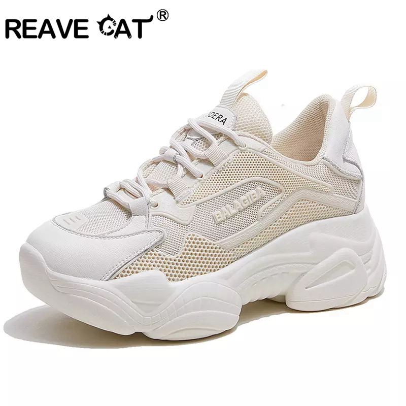 REAVE CAT 2022 Mesh Sneakers Alibaba Round Toe Leisure Shoes Lace Up Breathable Platform Thick Heel US7 8 Purple Black Beige A4418