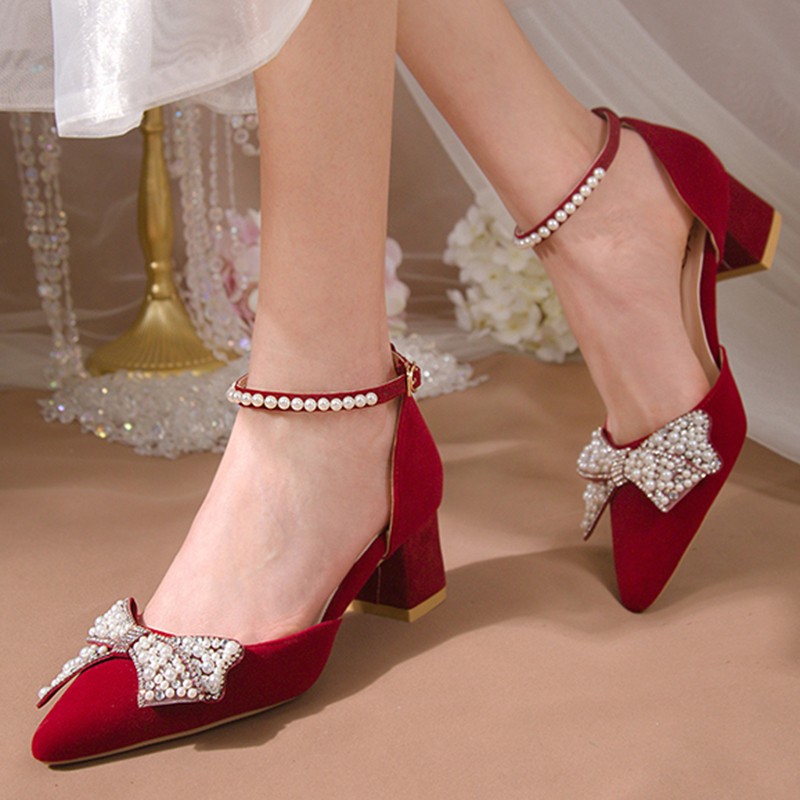 Rimocy Elegant Pointed Toe Crystal Bowtie Pumps Women Pearl Ankle Strap High Heels Shoes Woman White Slik Wedding Shoes Lady