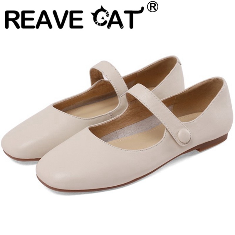 REAVE CAT 2022 Genuine Leather Comfort Plus Ladies Flats Mary Janes Buckle Strap Round Toe Square Heel 1cm US9 Black Beige A4283