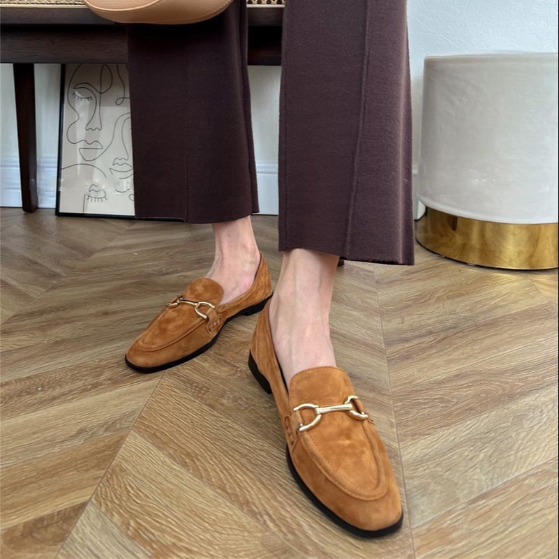 Meotina INS ZA Women Loafers Shoes Genuine Leather Flat Shoes Round Toe Metal Beading Women's Shoes Spring Autumn Brown 43