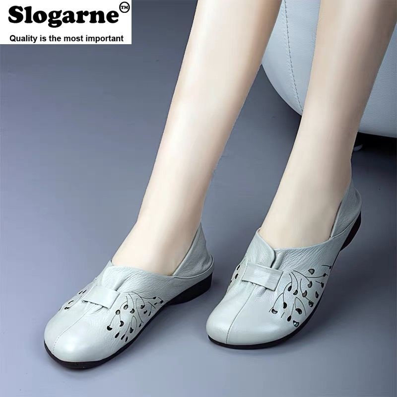 Women's spring summer new single shoes retro soft sole woman shallow flats hollow leather shoes plus size wedges low heels