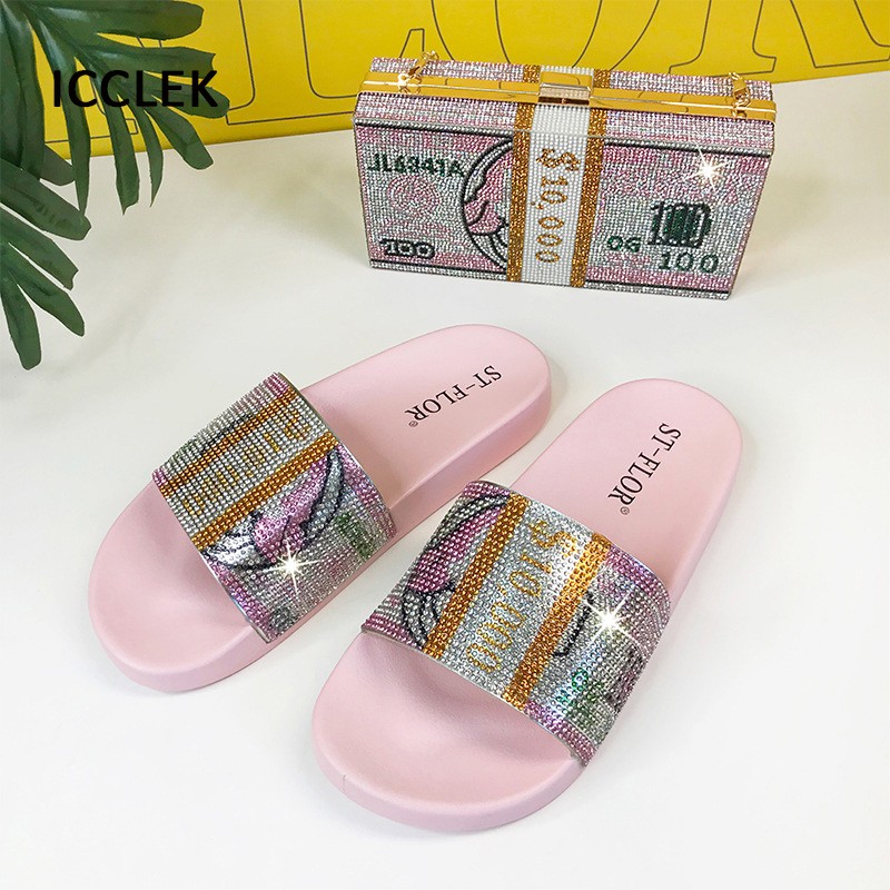 Glitter Slippers Women Summer Sandals Female Bling Slides and Matching Purse Set Dollar Diamond Flip Flops Flat Shoes Outdoor