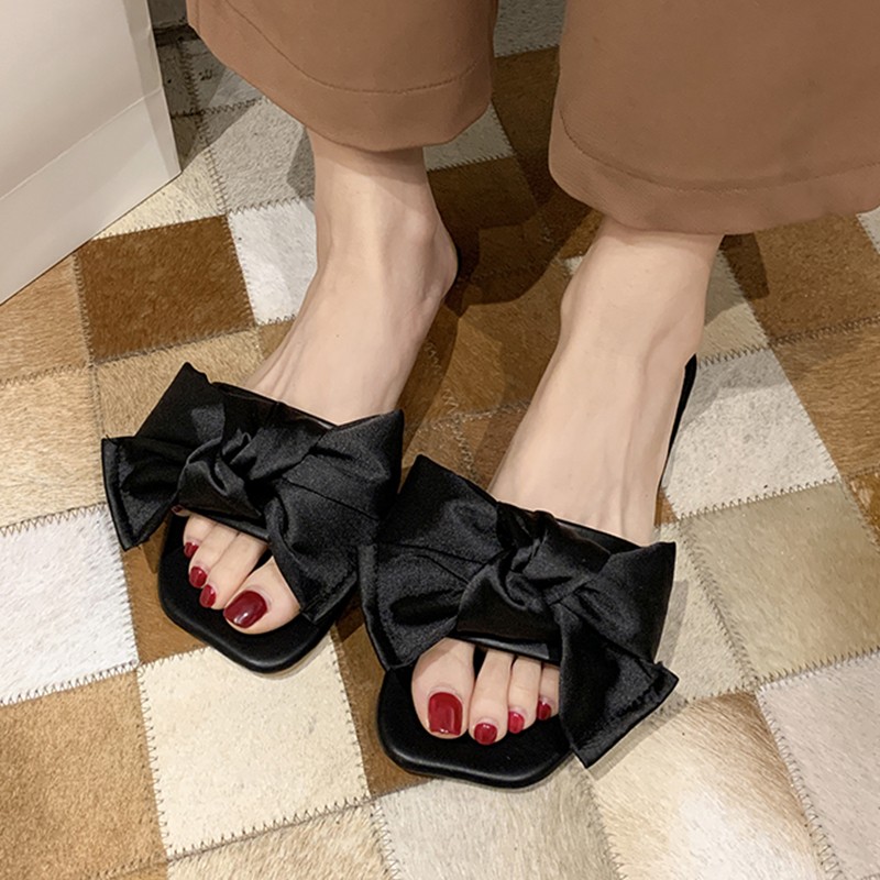 Rimocy Fashion Satin Bowtie Women's Flat Sandals Summer 2022 PU Slippers Outdoor Woman Comfortable Slides for Women Flip Flops