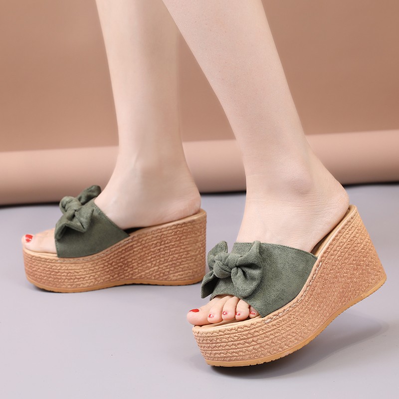 Lucyever thick bottom bowknot slippers women 2022 summer fashion wedges slides woman flat with platform flip flops sapatos mujer