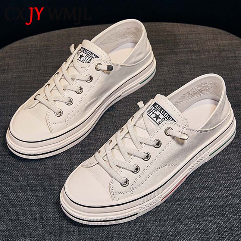 CXJYWMJL Genuine Leather Women Little White Shoes Summer Flat Sneakers Ladies Vulcanized Shoes 2 Types Wear Casual Sneakers