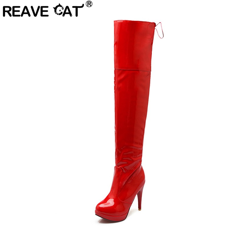 REAVE CAT 2021 Sexy Over the Knee Boots Patent Leather Velvet Round Toe Lace Up Zip Platform 11cm Thin Heel US12 White Red A4348