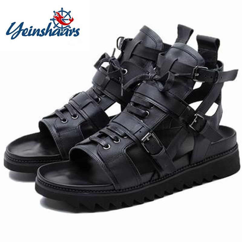 Summer Men Sandals Genuine Leather Flats Moccasins High Top Peep Toes Cross Tied Ankle Buckle Strap Male Casual Shoes Loafers