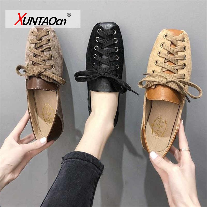 Personality women shoes 2021 spring lace-up loafers fashion soft square toe flats for women shoes black loafers women