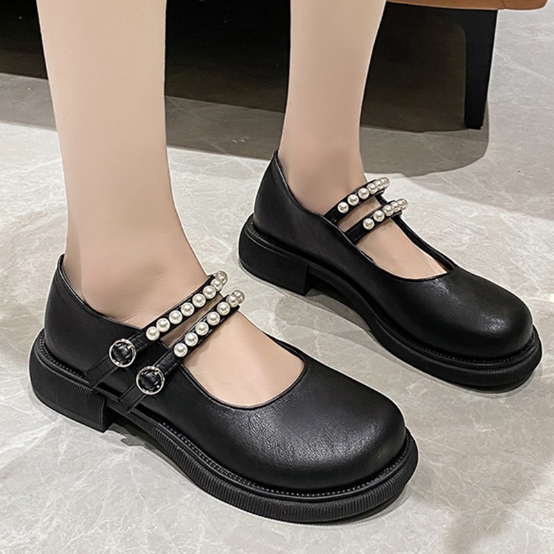 Lucyever 2022 Spring Double Buckle Mary Janes Women Pearls Strap Low Heels Casual Shoes Woman Pu Leather Students Shoes Mujer