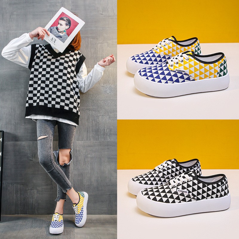 Spring New Color Matching Plaid Design Fashion Shallow Mouth Breathable Outdoor Casual Rubber Platform Non-slip Canvas Shoes