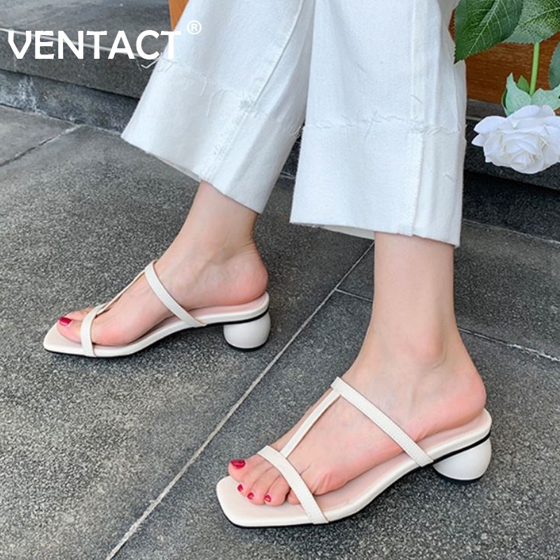 VENTACT New Fashion Women Shoes Open Toe Round Heel Sandals T-strap Slip On Slides Shoes Female Shoes Casual Size 30-43