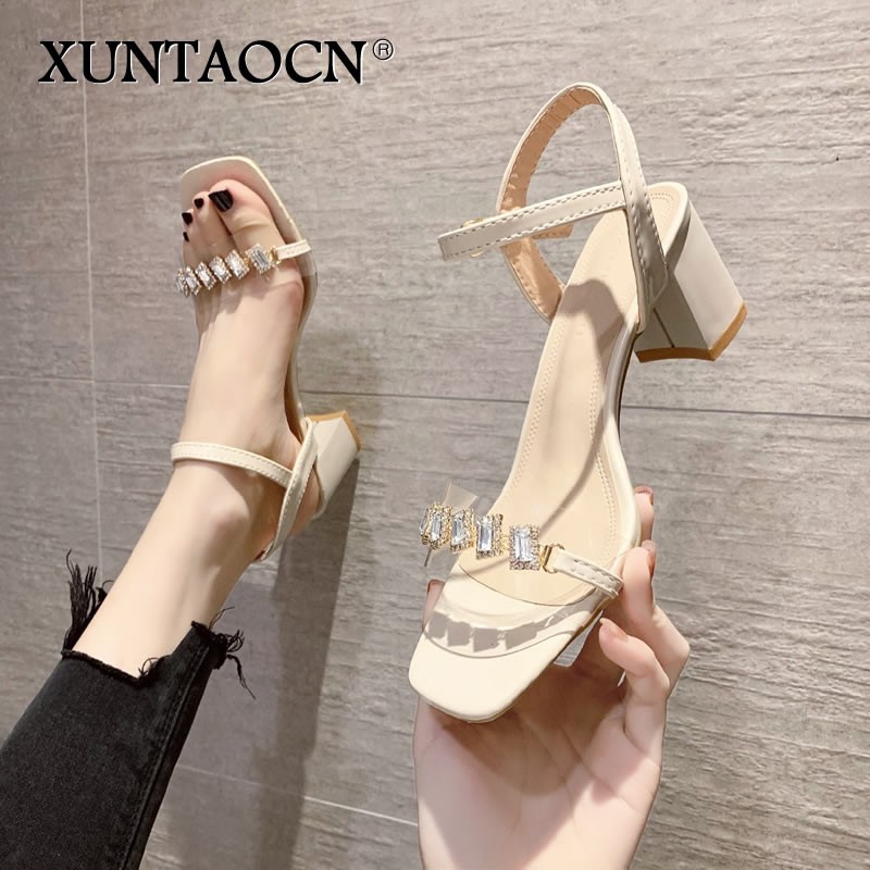 2022 Fashion Summer Thick Heels Sandals Women Ankle Strap Square Toe Sandals Crystal Women Sandals Zapatos De Mujer