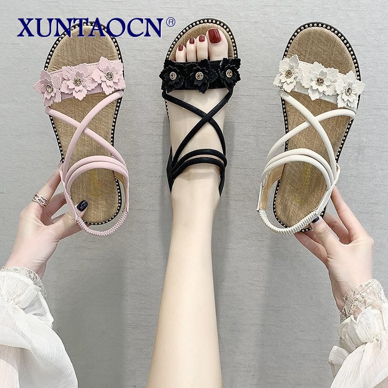 2021 summer ladies pink suede rhinestone flower elastic band platform sandals women ankle strap peep toe flat shoes size 35-39