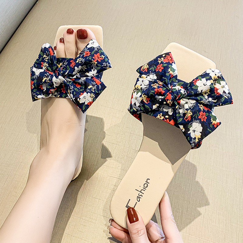 Lucifer Flower Bowknot Women Flat Slippers 2022 Summer Square Toe Boho Sandals Woman Non-slip Beach Shoes Female Plus Size 42