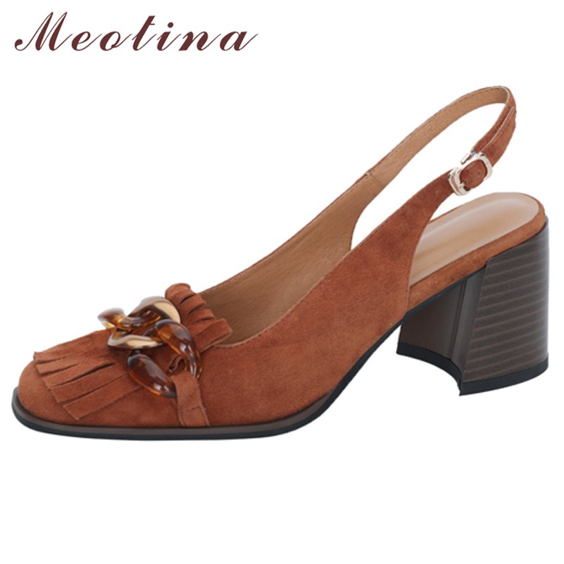 Meotina Slingback أحذية النساء جلد طبيعي حذاء حريمي كعب عالي مشبك سلسلة شرابة أحذية كريستال كعب سميك أحذية السيدات 40