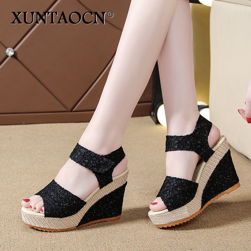 Women Sandals New Summer Fashion Lace Hollow Gladiator Wedges Shoes Woman Slides Peep Toe Hook & Loop Solid Lady Casual