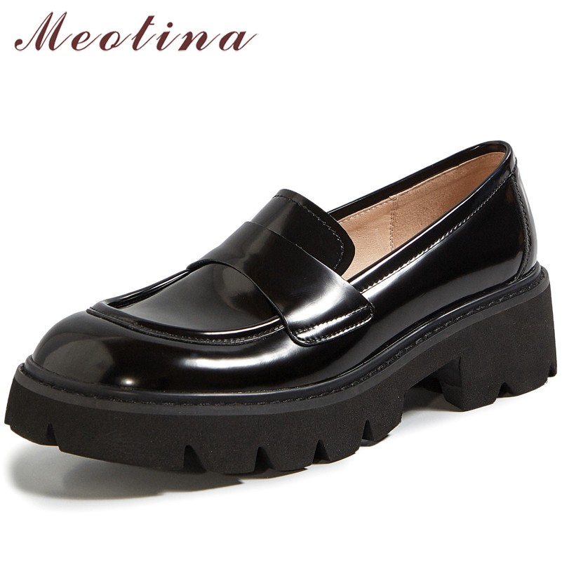 Meotina Loafers Shoes Woman Genuine Leather Mid Heels Platform Thick Heel Pumps Round Toe Female Shoes 2021 Spring New Black