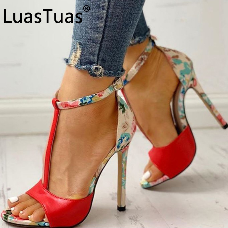 LuasTuas New 2022 Woman High Heel Sandals Printing T-Strip Summer Shoes For Women Fashion Sexy Chic Party Shoes Size 36-41