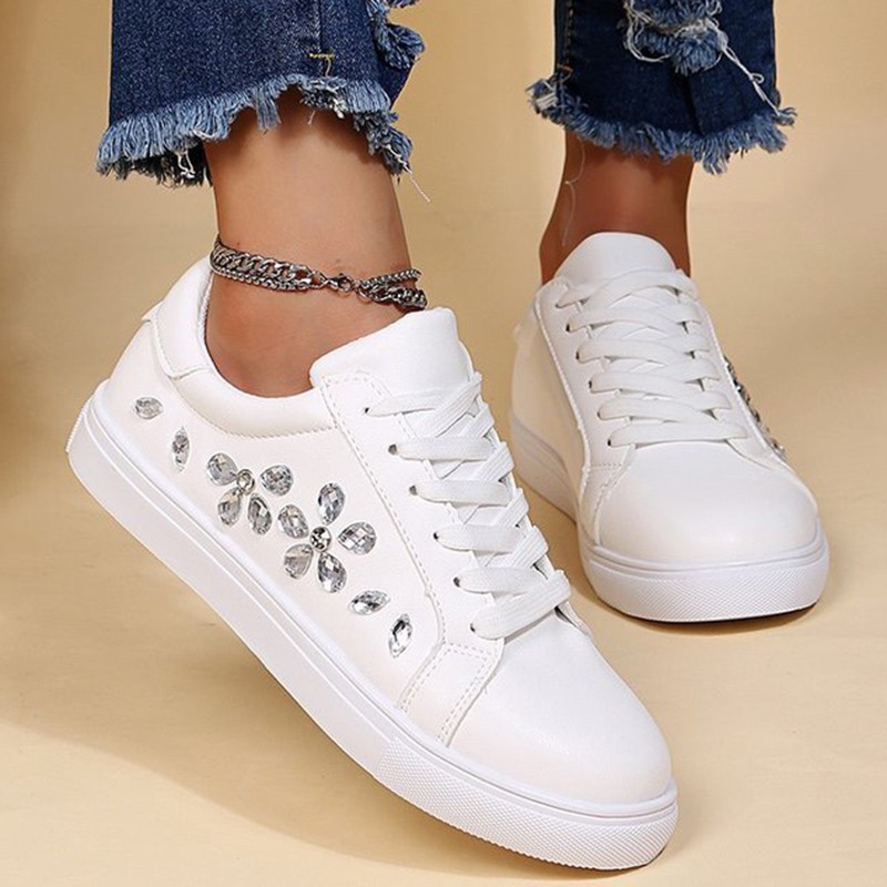 Lucyever Rhinestone White Sneakers Women Spring Summer Comfortable Lace Up Flats Woman Casual Platform Shoes Female Plus Size 42