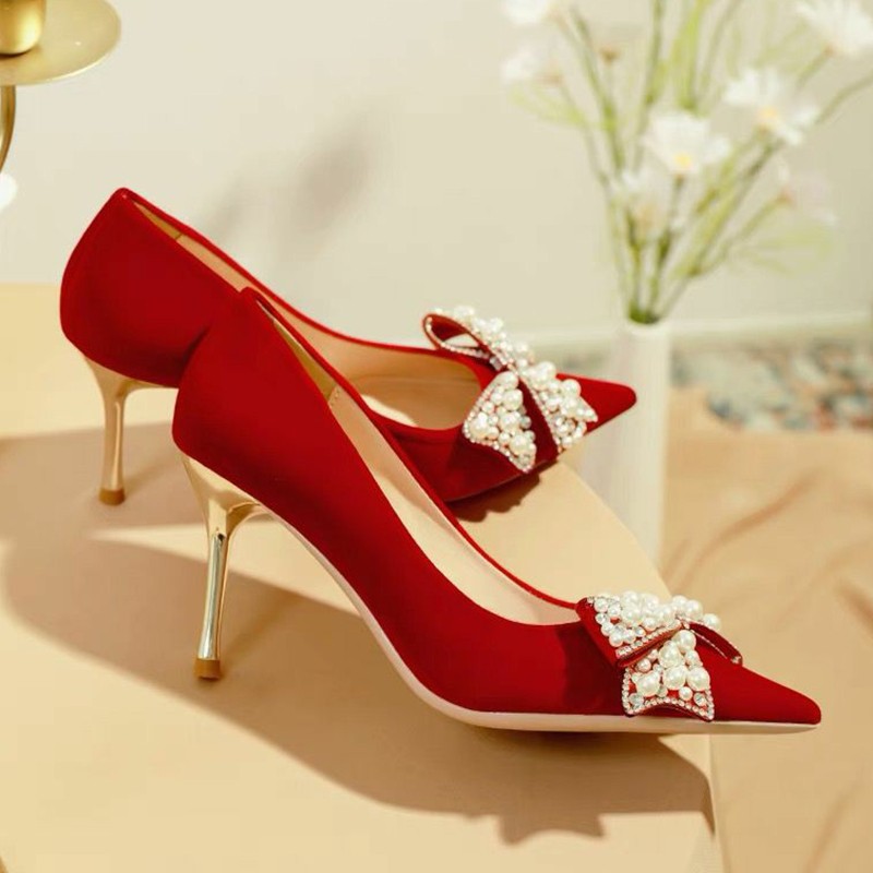 Rimocy Sexy Red Velvet Wedding Shoes for Women 2022 Luxury Pearl Bowknot Pointed Toe Pumps Woman Stiletto High Heel Dress