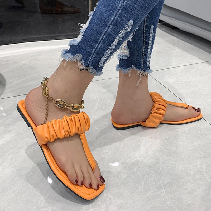 Lucyever 2022 Summer Clip Toe Flat Slippers Women Pleated Pu Leather Square Toe Sandals Woman Solid Outdoor Flip Flops Mujer 43