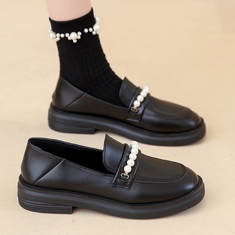 lucifer pearl pu leather loafers shoes for women buckle slip on platform flats woman 2022 spring black round toe office shoes