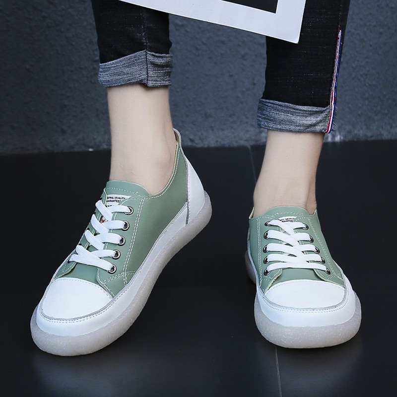 Women Spring Shoes 2022 New Genuine Leather Trend Color Matching Women Shoes Flat Bottom Lace-up Casual Girl Student Shoes