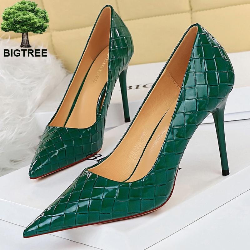 BIGTREE Patent Leather Shoes Woman Pumps 2022 Designer Shoes New Weave Style Fine High Heels Stiletto Heeled Shoes Party Shoes