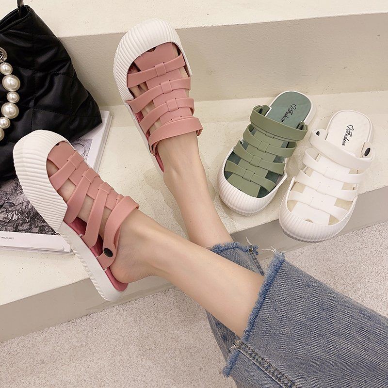 2021 summer new semi slippers korean non-slip hole beach shoes wear fashion sandals for women flat with rubber house slippers