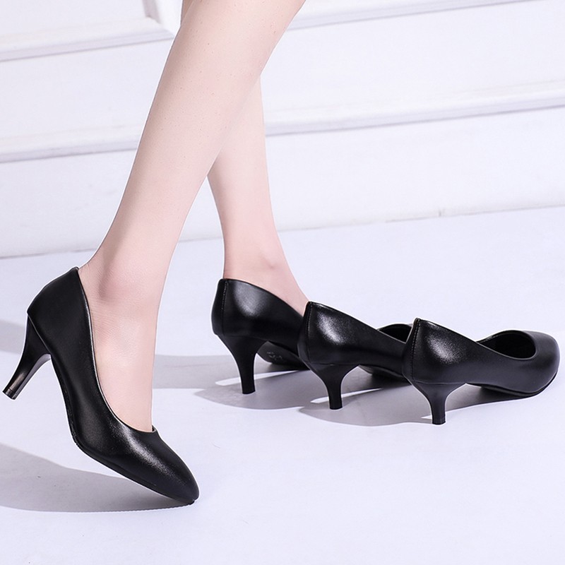 Lucifer 2022 Spring Black PU Leather Women Shoes Pointed Toe Slip On Office Women Shoes High Heels Shallow Mouth