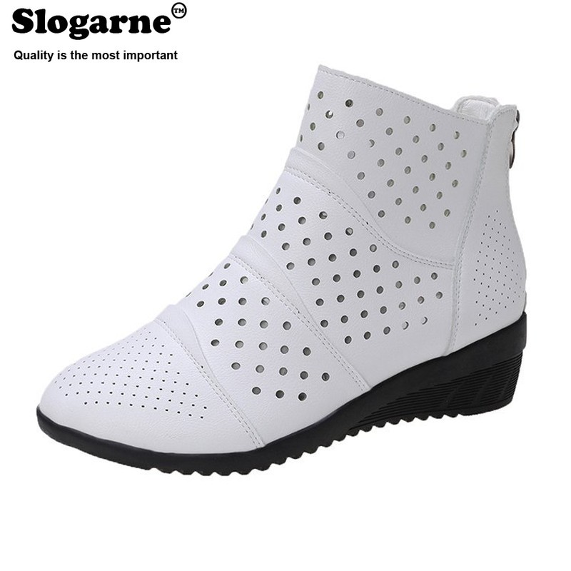 Women's hollow ankle boots female spring shoes 4.5cm medium heel wedges soft leather invisible height increasing short boots