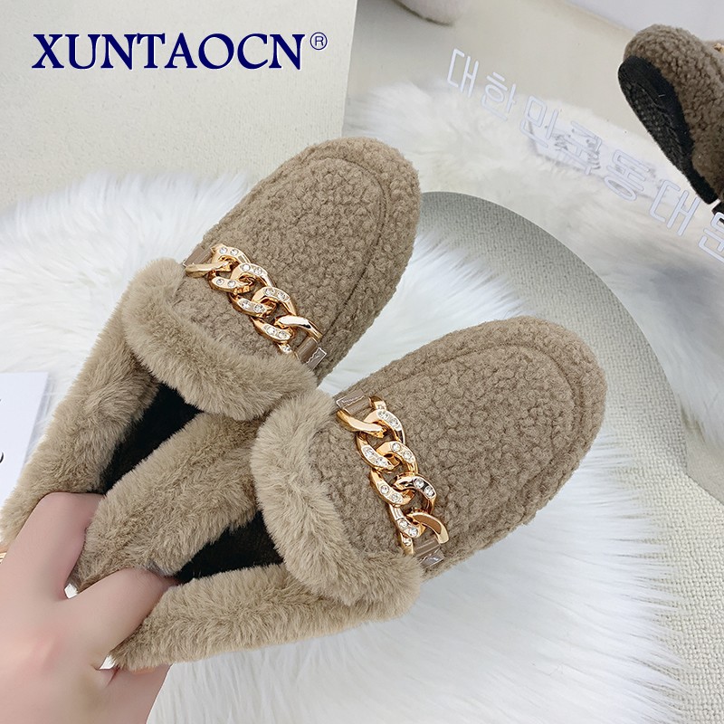 woman slippers summer sandals fox fur slides mules black shoes for women loafer 2022 home shoes spring outdoor block heel