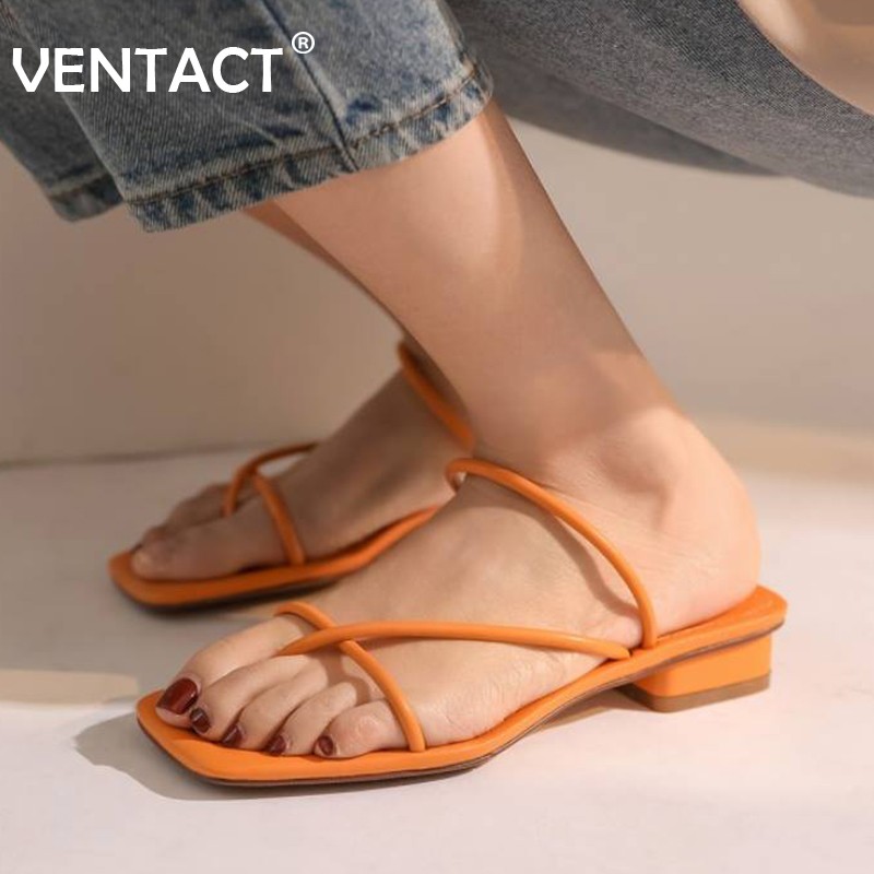 VENTACT Leather Flat Heel Sandals Summer Women Shoes Slip On Thick Heels Slippers Solid Color Casual Shoes Size 34-42