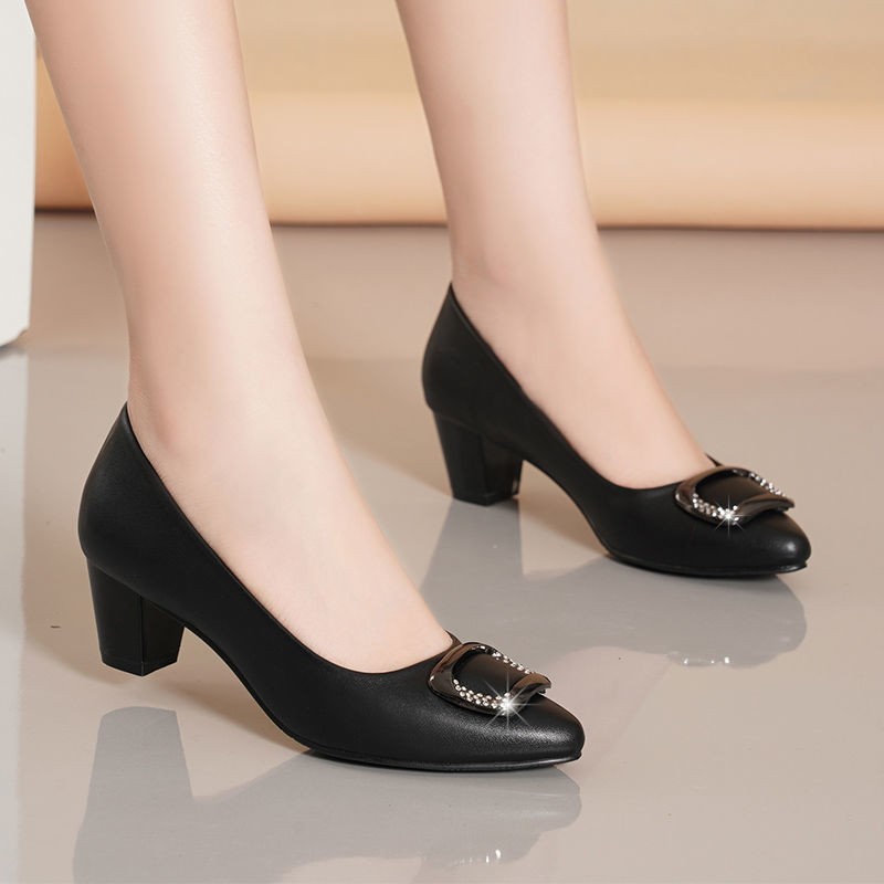 Rimocy Crystal Buckle Soft PU Leather Women Pumps 2021 Comfortable Square Med Heels Office Work Shoes Casual Woman Single Shoes