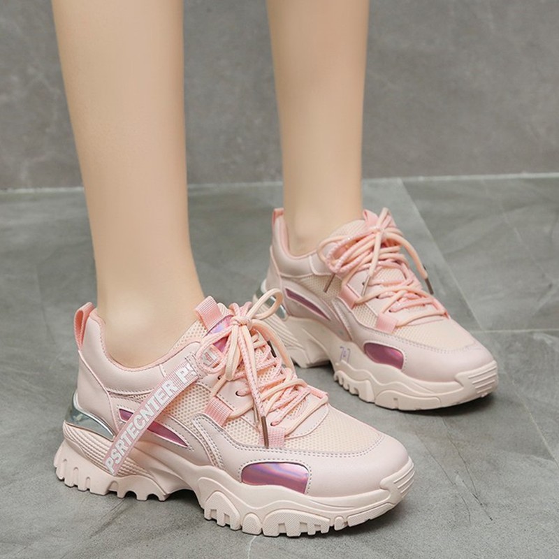 Rimocy 2022 Spring Women Pink Platform Sneakers Breathable Outdoor Sports Running Shoes Woman Mesh Comfort Lace Up Casual Shoes