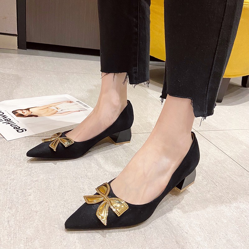 Rimocy Fashion Gold Bowknot Women Pumps Pointed Toe Thick Heels Office Shoes Woman 2022 Spring Comfortable Shallow Ladies Pumps