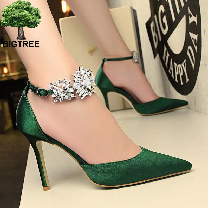 BIGTREE Shoes Women Rhinestone High Heels Woman Pumps Stiletto Silk Satin Women Heels Shoes Ladies Wedding Shoes Women Sandals