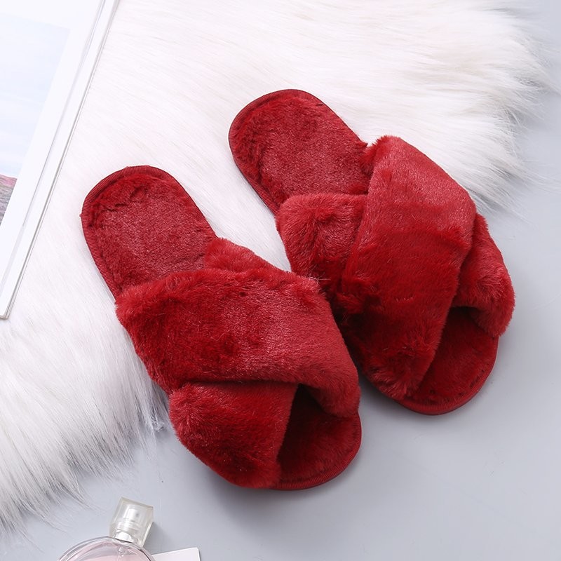 Fashion Women Cozy Fluffy Slippers Cozy Faux Fur Cross Indoor Floor Slides Flat Soft Furry Ladies Female Celebrity Flip Flops