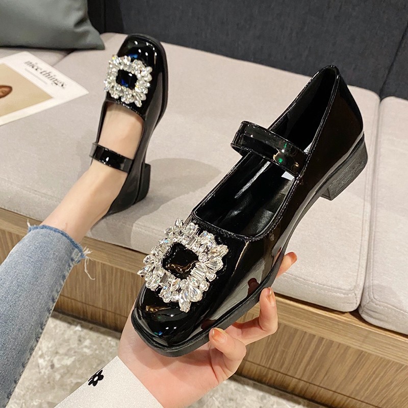 Rimocy Spring Autumn Crystal Mary Jane Shoes For Women Low Heel Ankle Strap Pumps Woman Dress Rhinestone Fashion Party Shoes