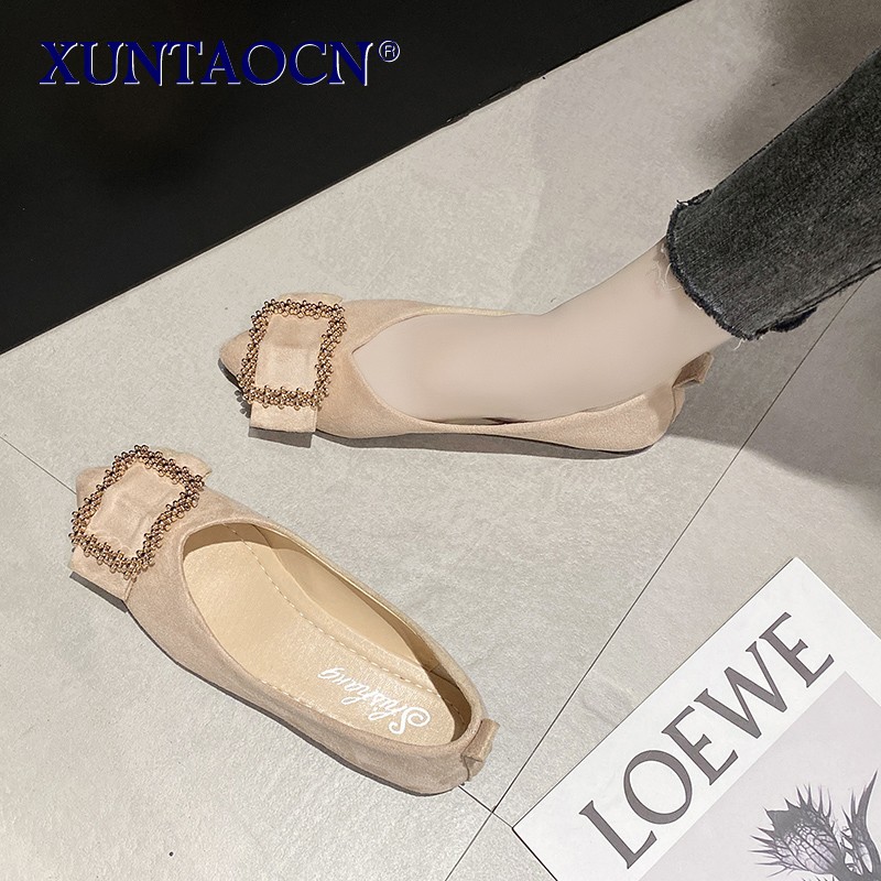 Summer women's shoes sexy pointed square buckle decorative comfortable corduroy fabric banquet flat shoes 2022 new large size