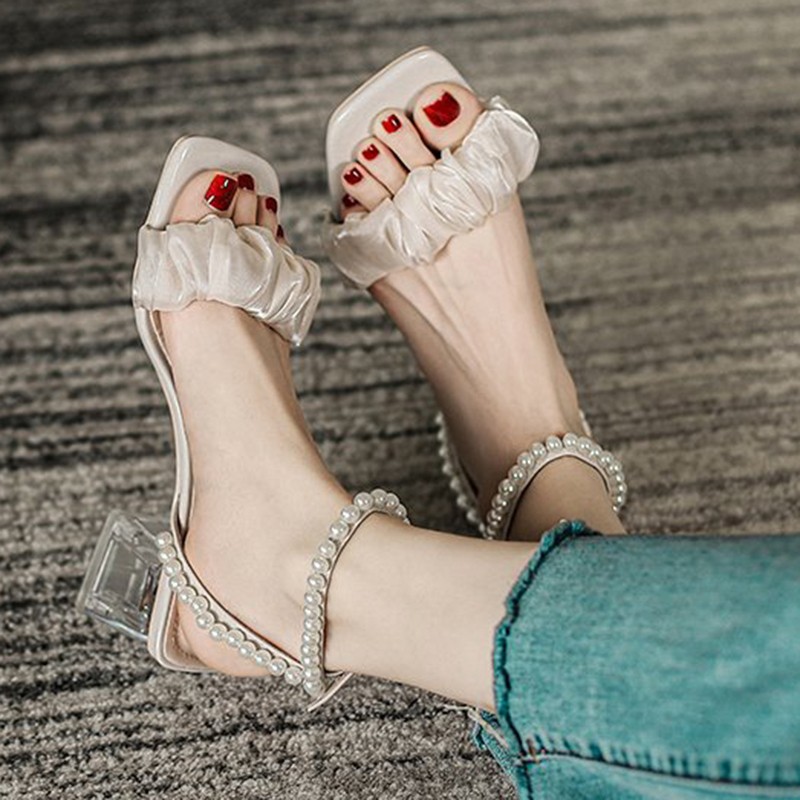 Lucifer Pearl Strap Thick Heel Sandals Women Satin Square Toe Gladiator Sandalias Woman Clear Heel Summer Shoes Plus Size 43