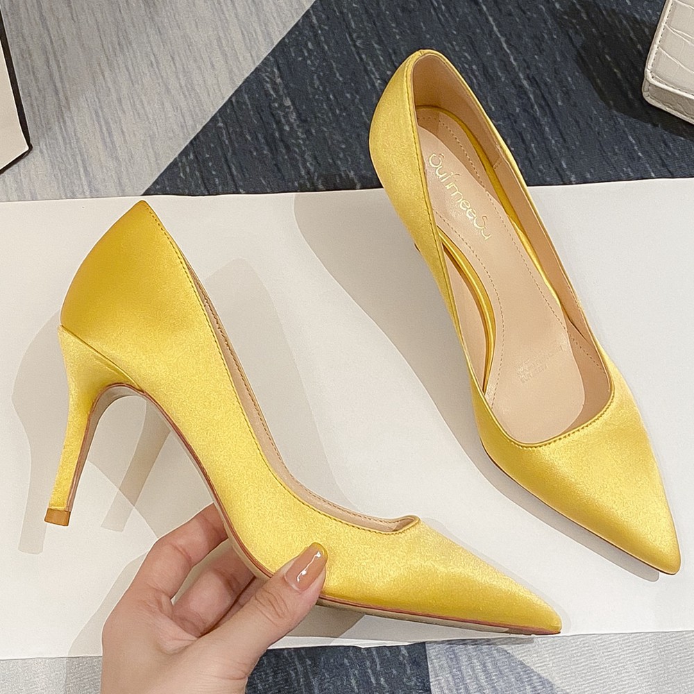 New Office Lady Pointed Toe Red Yellow Wedding Bridal Shoes Silk Satin Thin High Heel Stiletto Bride Shoes Women Pumps O0008