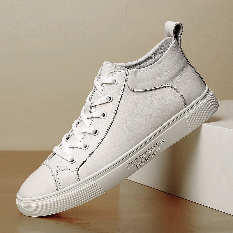 High-top sneakers for men, casual shoes, genuine leather, lace-up, non-slip, soft and breathable