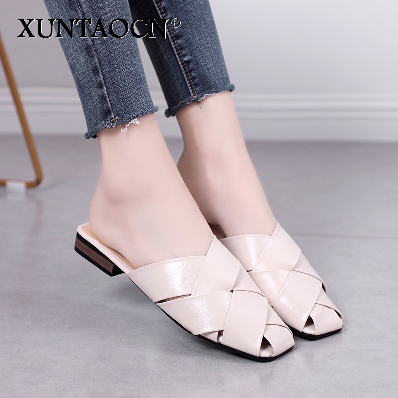 Flat Slides Mules Shoes Woman Summer Ladies Elegant Shoes Half Slippers Women's Shoes Lazy Zapatos Mujer