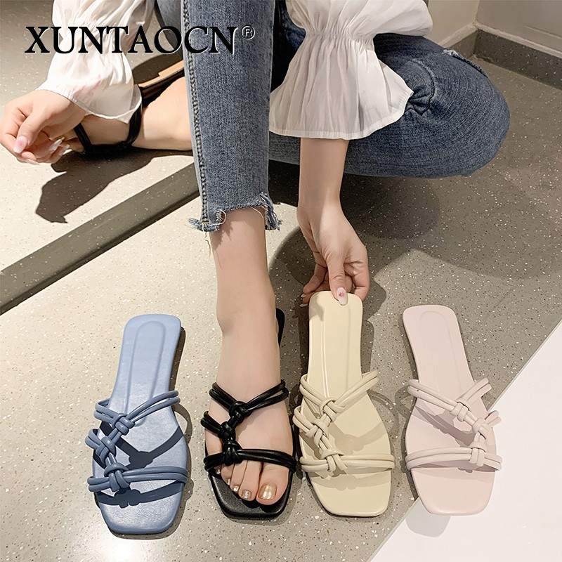 2022 Slippers women summer  Korean version new square-toe flat-heel candy color fashion outer wear sandals slippers