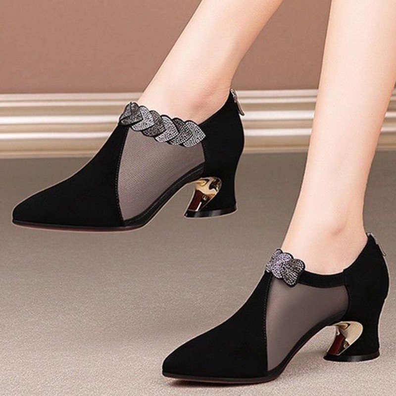 Lucifer Women Crystal Thick Heel Ankle Boots Breathable Mesh Pointed Toe Party Pumps Elegant Woman Back Zipper Ladies Shoes