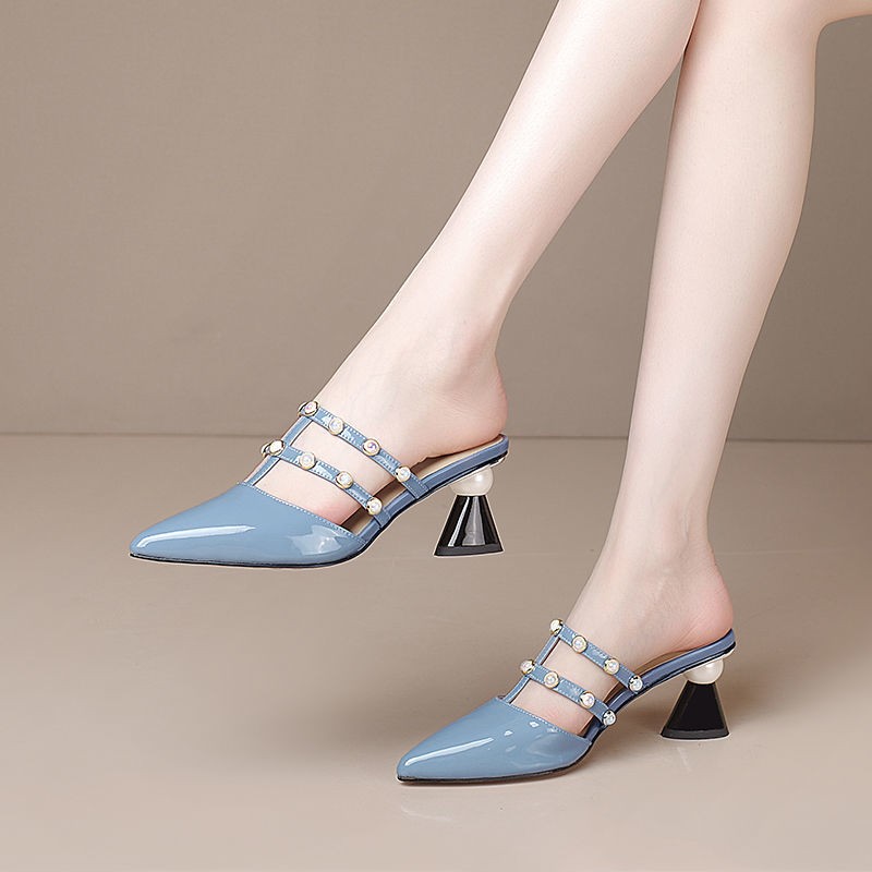 New Patent Leather Pointed Rhinestone Chain Bead Women Slippers Breathable Comfort High Heel Baotou Wearable Zapatos Mujer